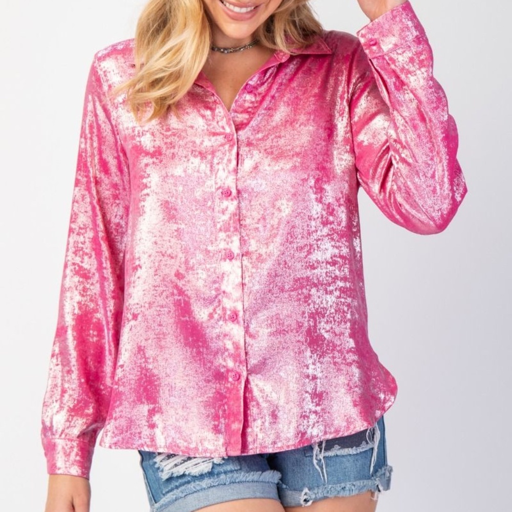 227 NWT Easel Woven Metallic Pink Blouse